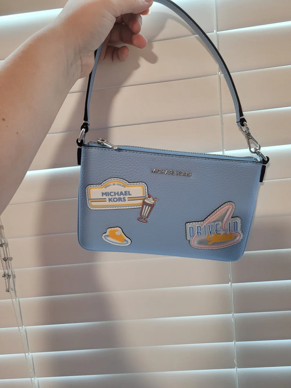 Michael Kors Light Blue Leather Mini Wristlet with Patch Accents